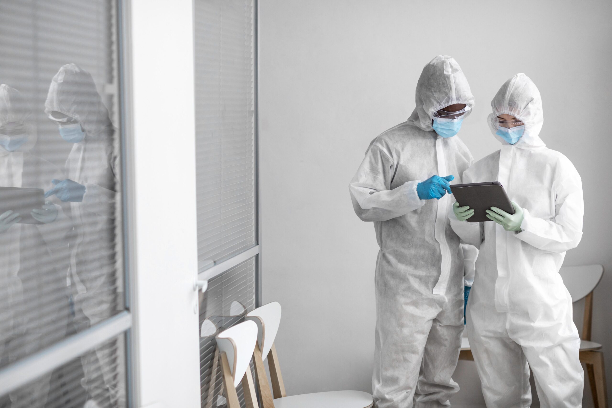 people wearing protective suit biohazard area
